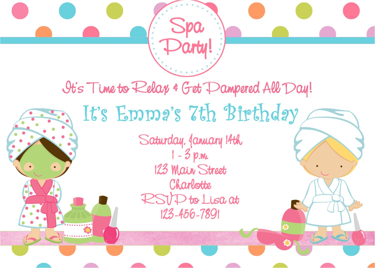 free printable spa birthday party invitations