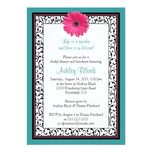 teal pink gerbera daisy bridal shower invitation