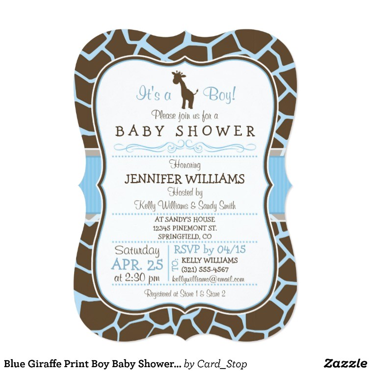 blue giraffe print boy baby shower invitation