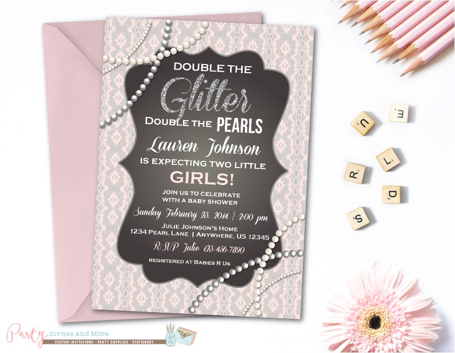 twins baby shower invitation glitter and