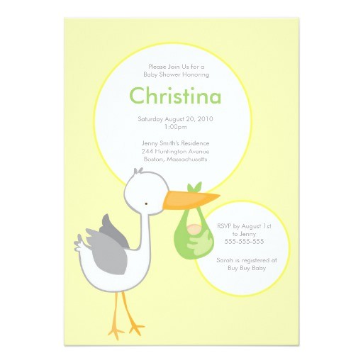 yellow and green stork baby shower invitation