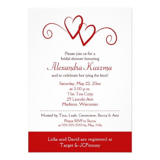 two hearts red swirl bridal shower invitation