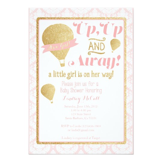 gold pink hot air balloon baby shower invitation