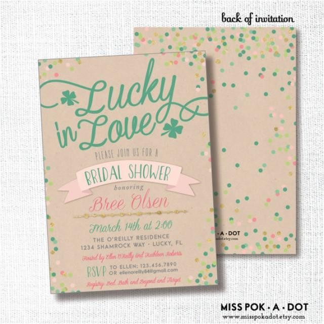 lucky in love st patrick39s day irish bridal shower invitation green blush and gold confetti wedding shower