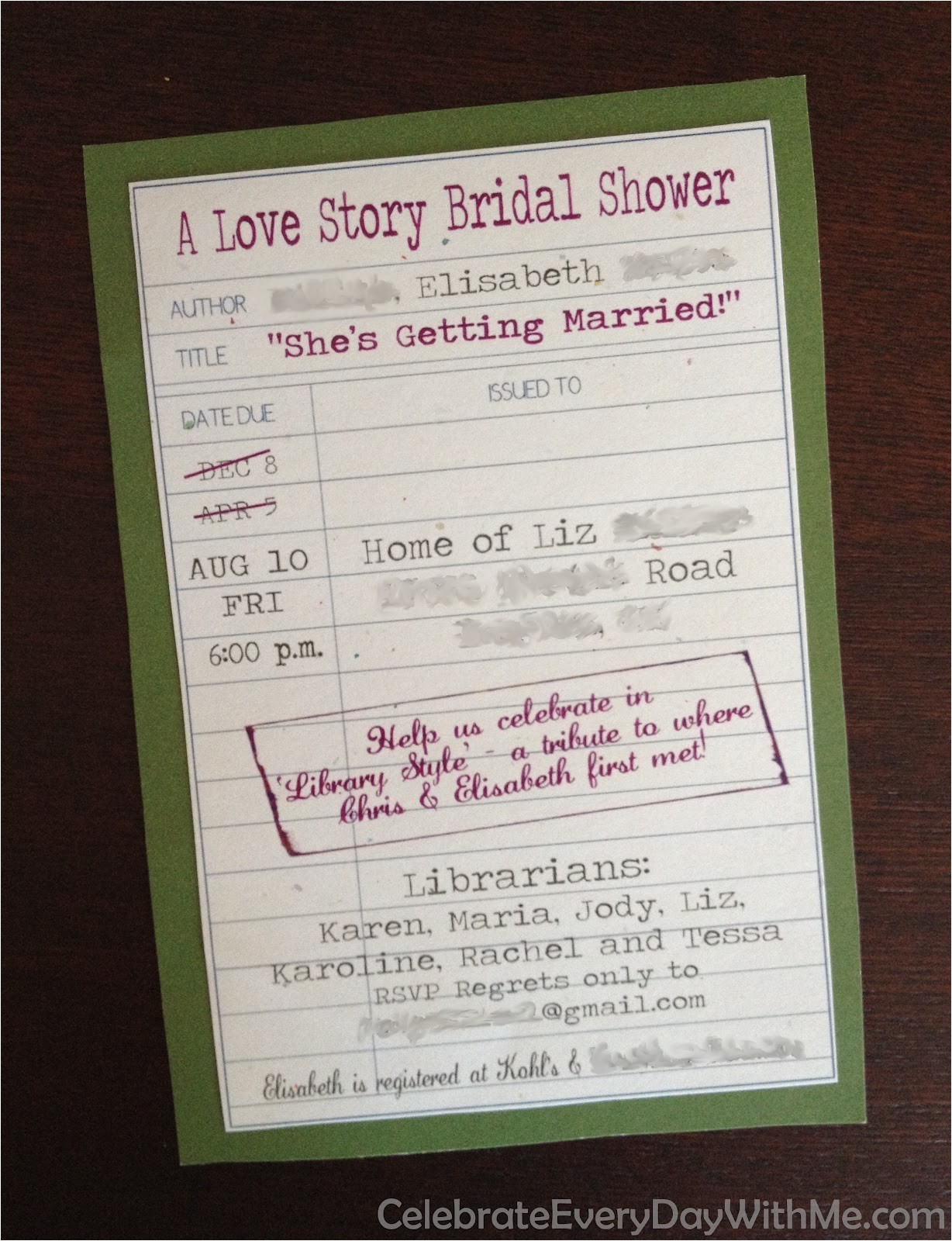 library themed shower invitation