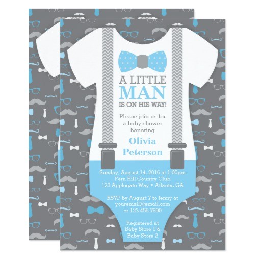 little man baby shower invitation baby blue gray card