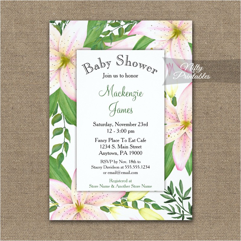 baby shower invitation pink lilies printed