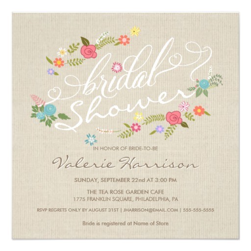 vintage linen floral wreath bridal shower invites