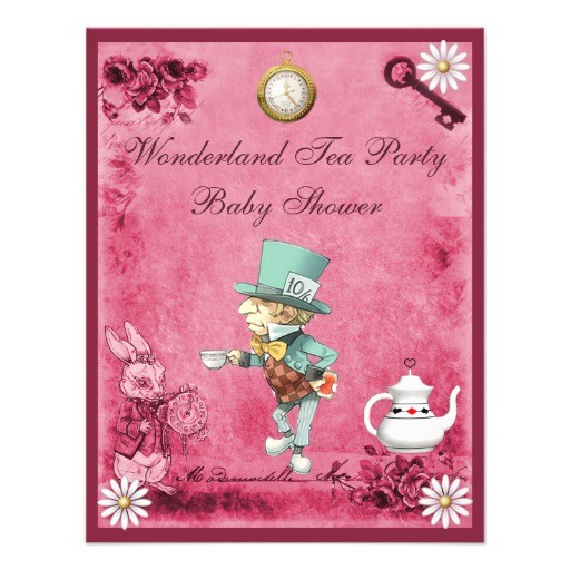 pink mad hatter wonderland tea party baby shower invitation