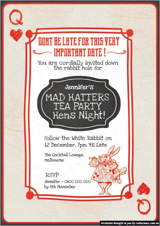 mad hatters tea party hens invites