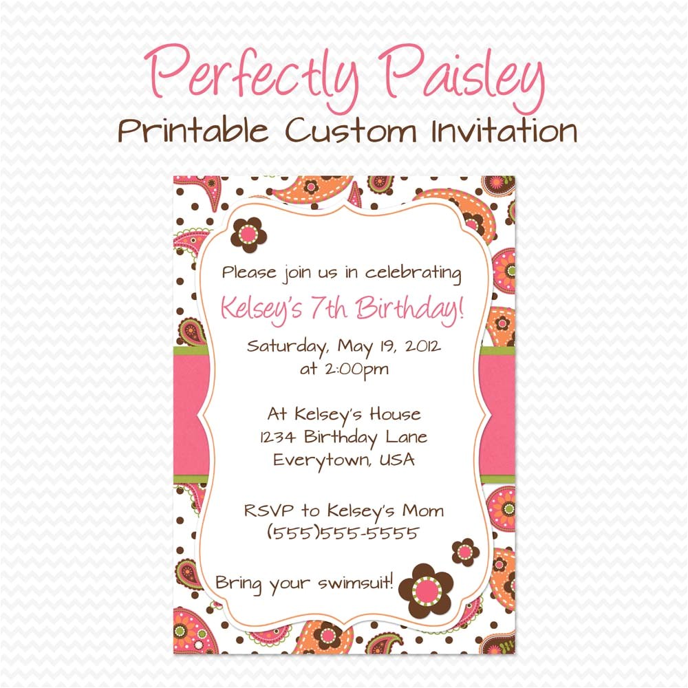girly paisley birthday party invitation