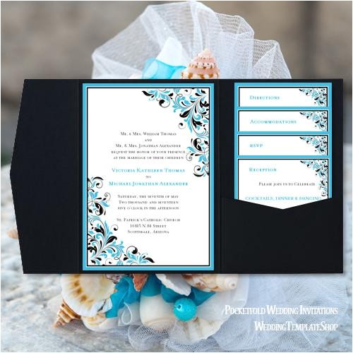 pocket fold wedding invitations kaitlyn malibu blue black 5x7