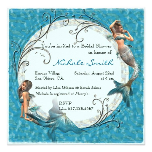 mermaid teal blue floral bridal shower invites