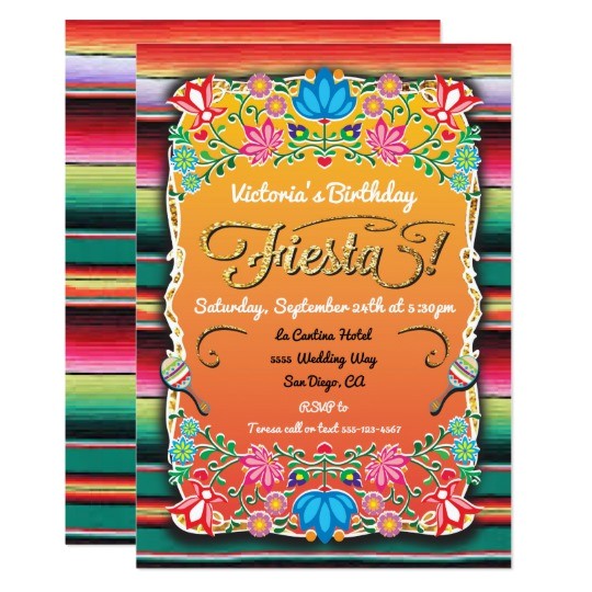 mexican fiesta party gold glitter card