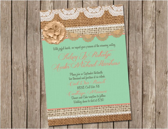 mint and coral burlap wedding invitation bridal shower digital file printable