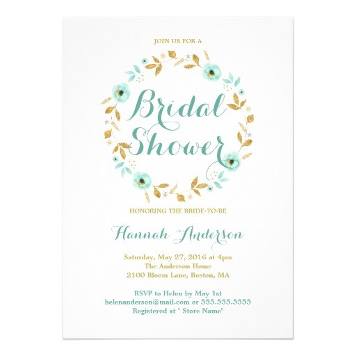 mint gold flower wreath bridal shower invitation