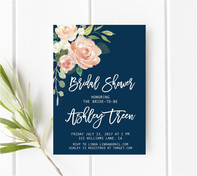 navy and blush bridal shower invitation