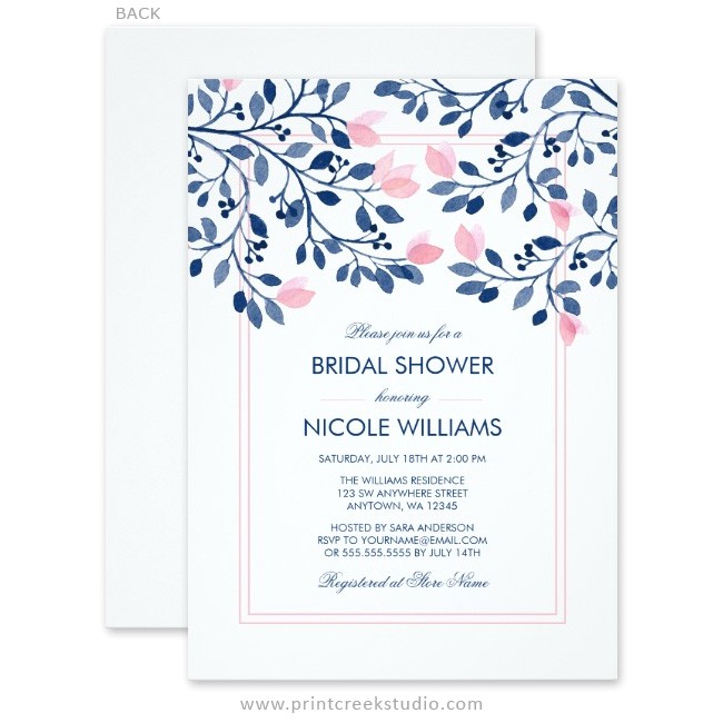 navy blush pink floral watercolor bridal shower invitations