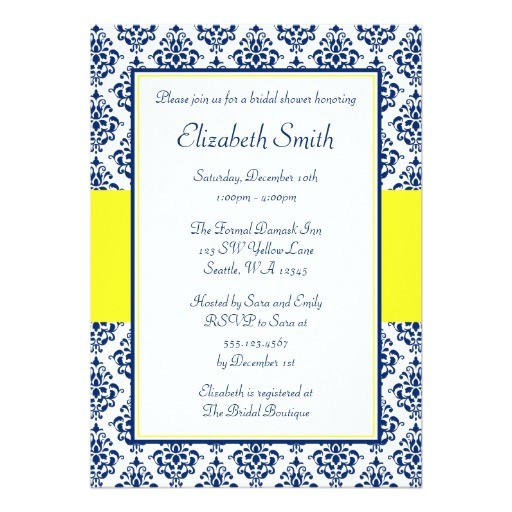 navy blue and yellow damask bridal shower invitation