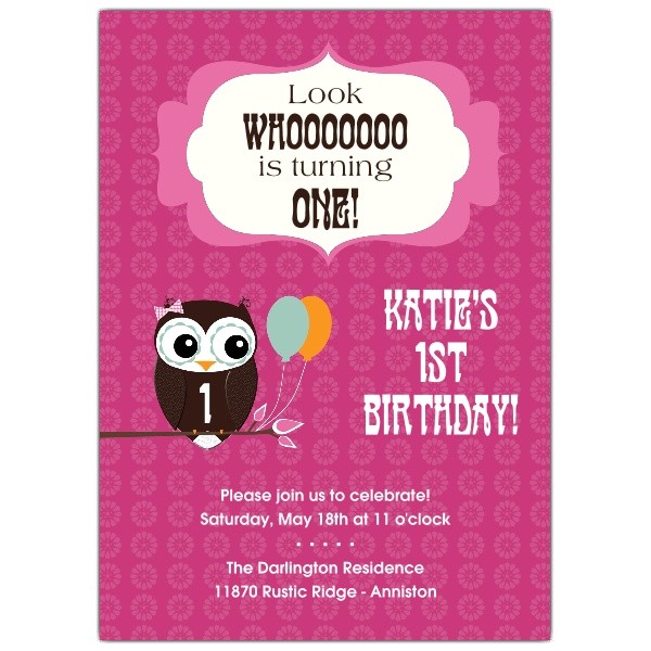 Cheerful Owl Girl 1st Birthday Invitations p 606 57 KD115