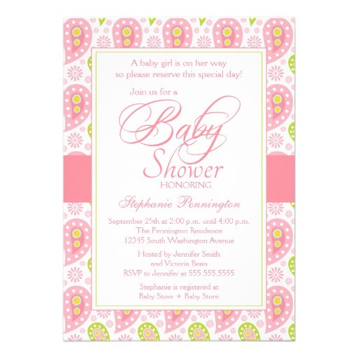 chic pink green paisley baby shower invitation