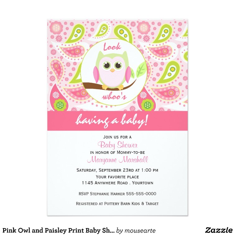 pink owl and paisley print baby shower invitation