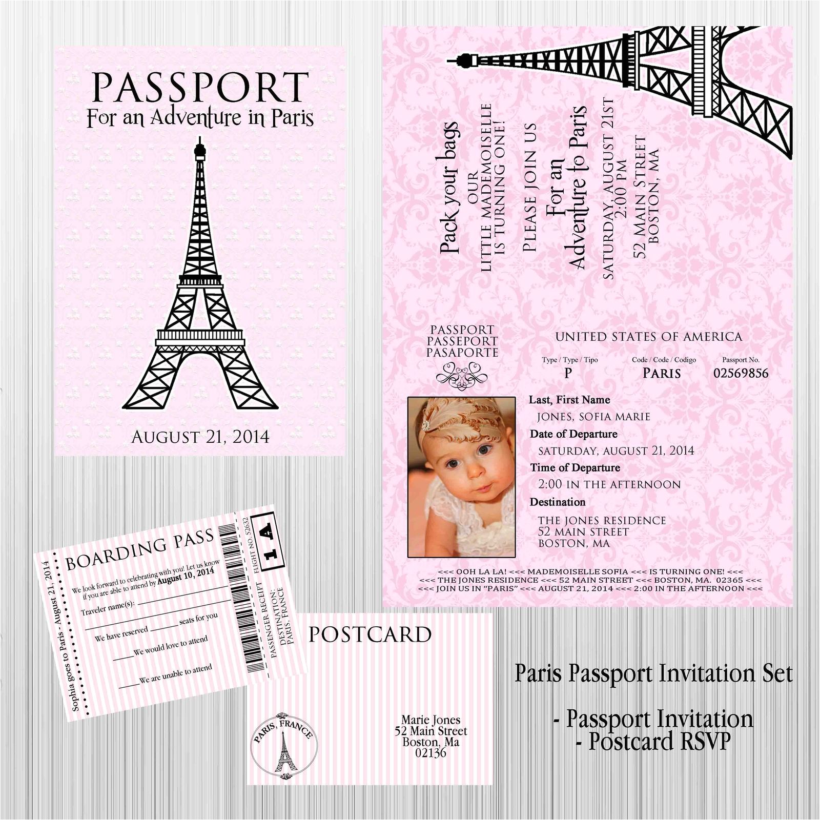 Paris Passport Birthday Baby Shower Custom Invitation RSVP Card Personalized