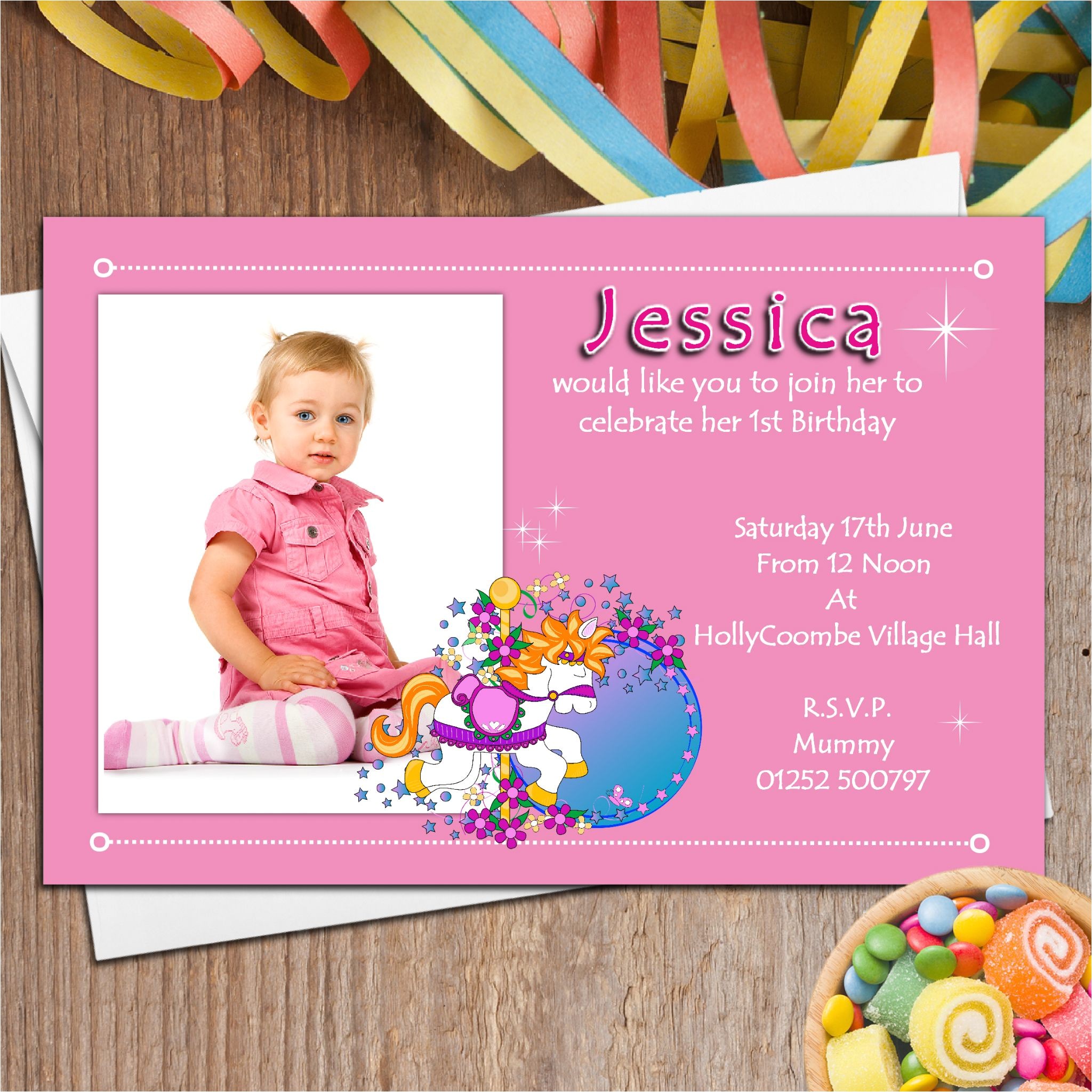 10 personalised girls first 1st birthday party photo invitations n11 1724 p