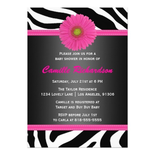 black and pink zebra girl baby shower invitation