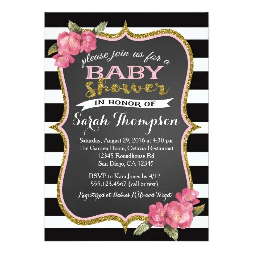 floral pink black and white baby shower invitation
