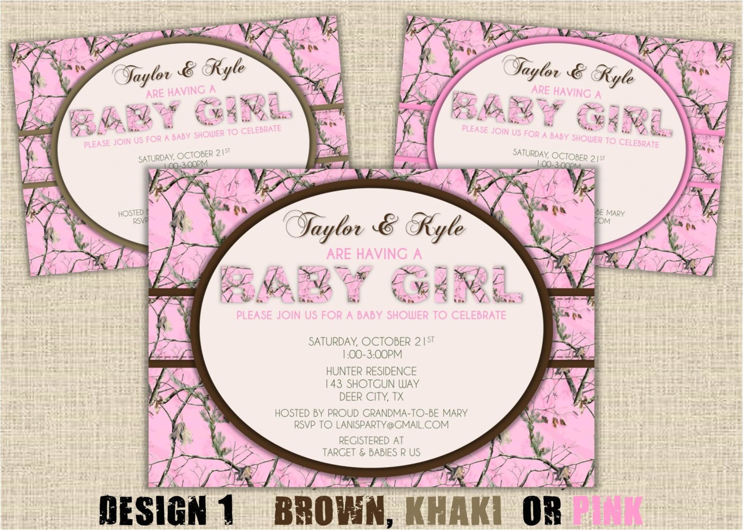 pink camo baby shower invitation girl