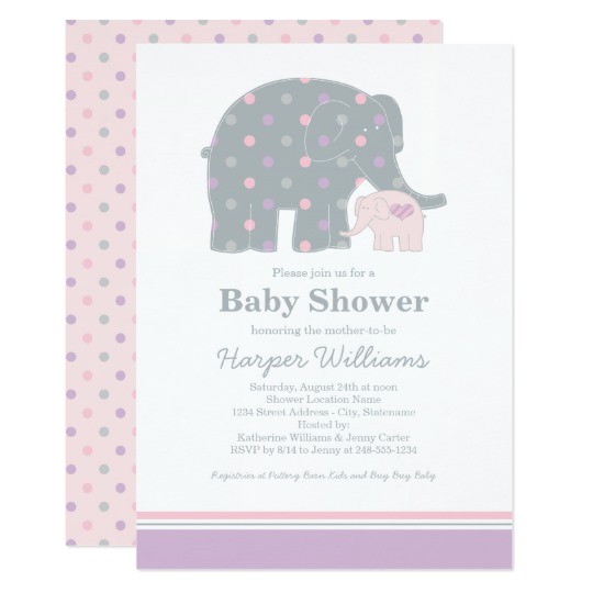 elephant baby shower invitation purple pink gray