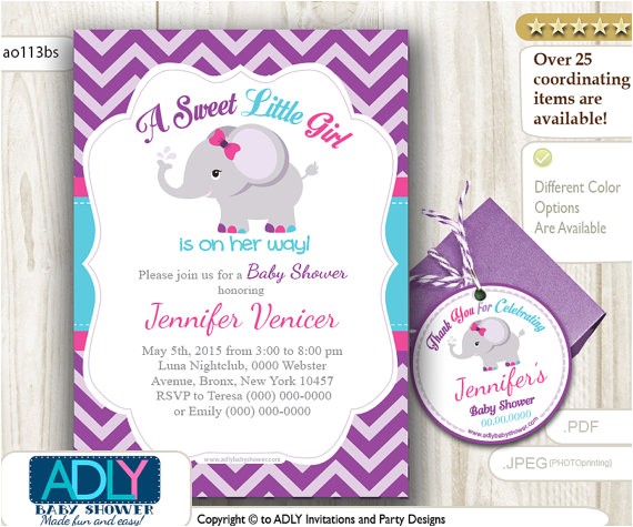 Pink Purple and Gray Baby Shower Invitations Purple Turquoise Pink Elephant Invitation Shower
