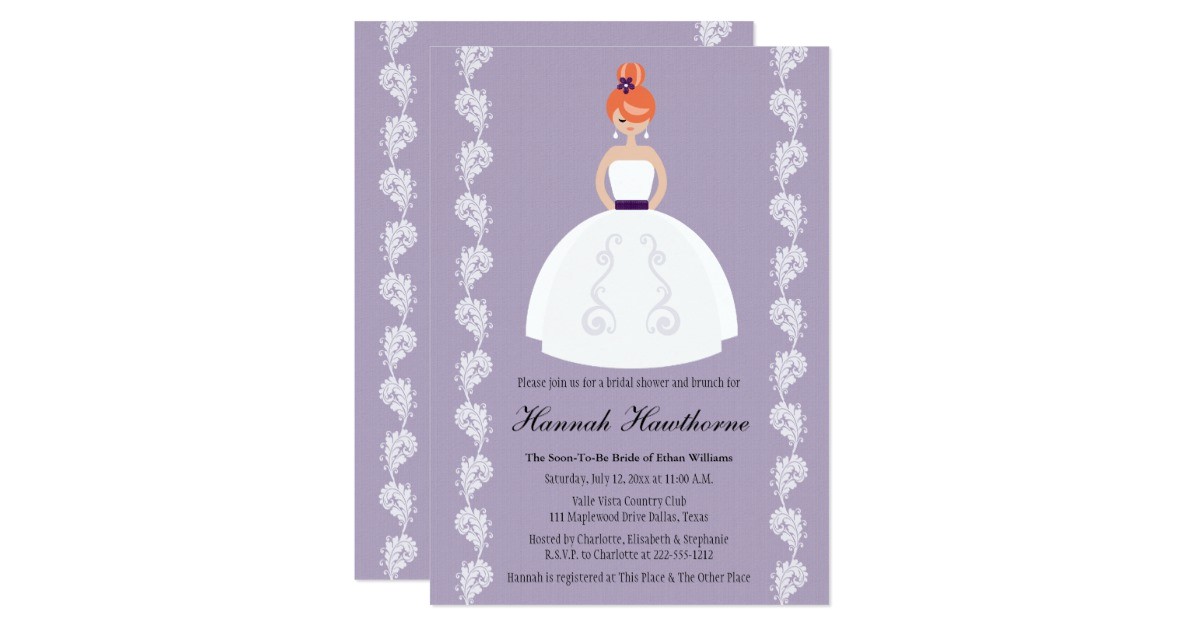 lilac and plum redhead bridal shower invitations