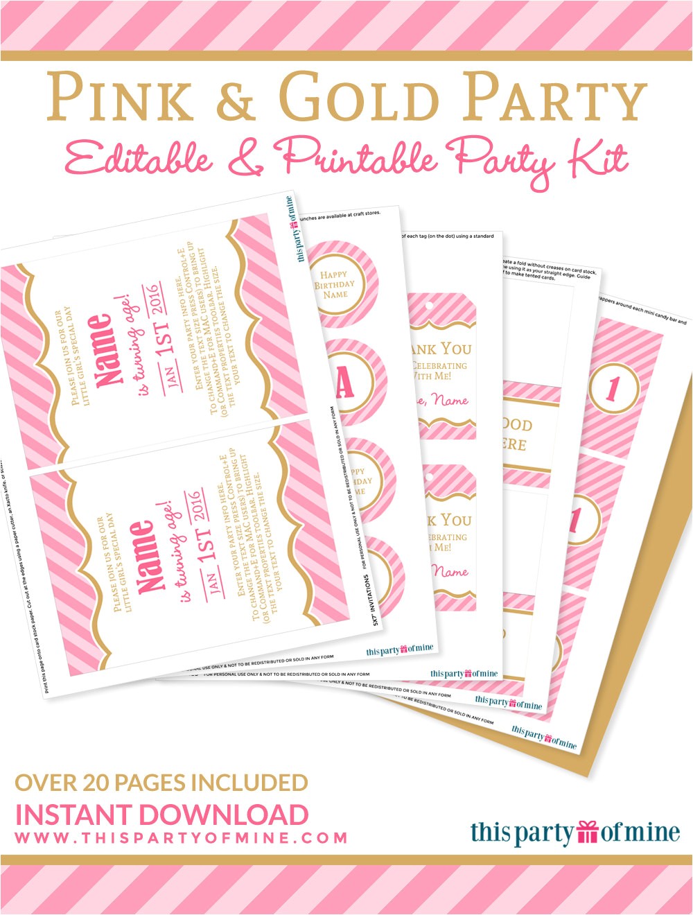 pink and gold party invitation