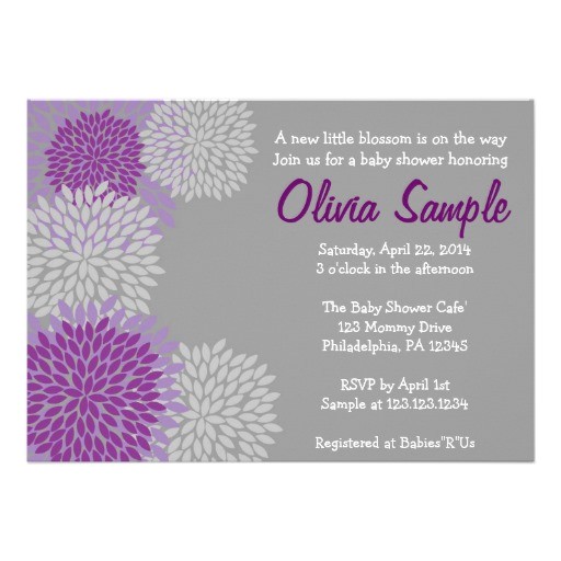 purple and grey dahlia baby shower invitation