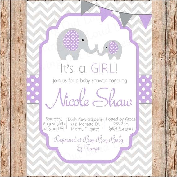 Purple and Gray Elephant Baby Shower Invitations Baby Shower Invitation Elephants It S A Girl Grey