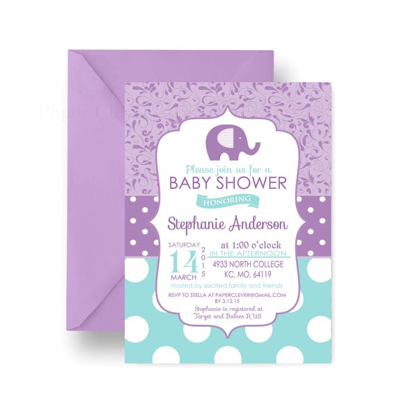 purple elephant baby shower invitation