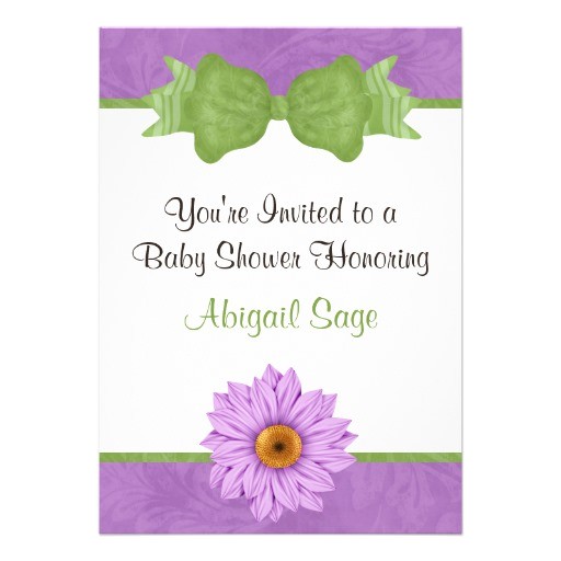 green purple flower bow baby shower invitation