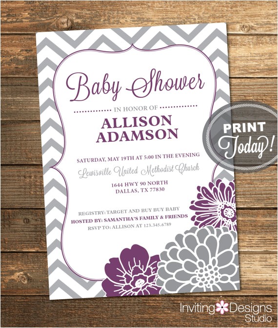 purple and gray baby shower invitation