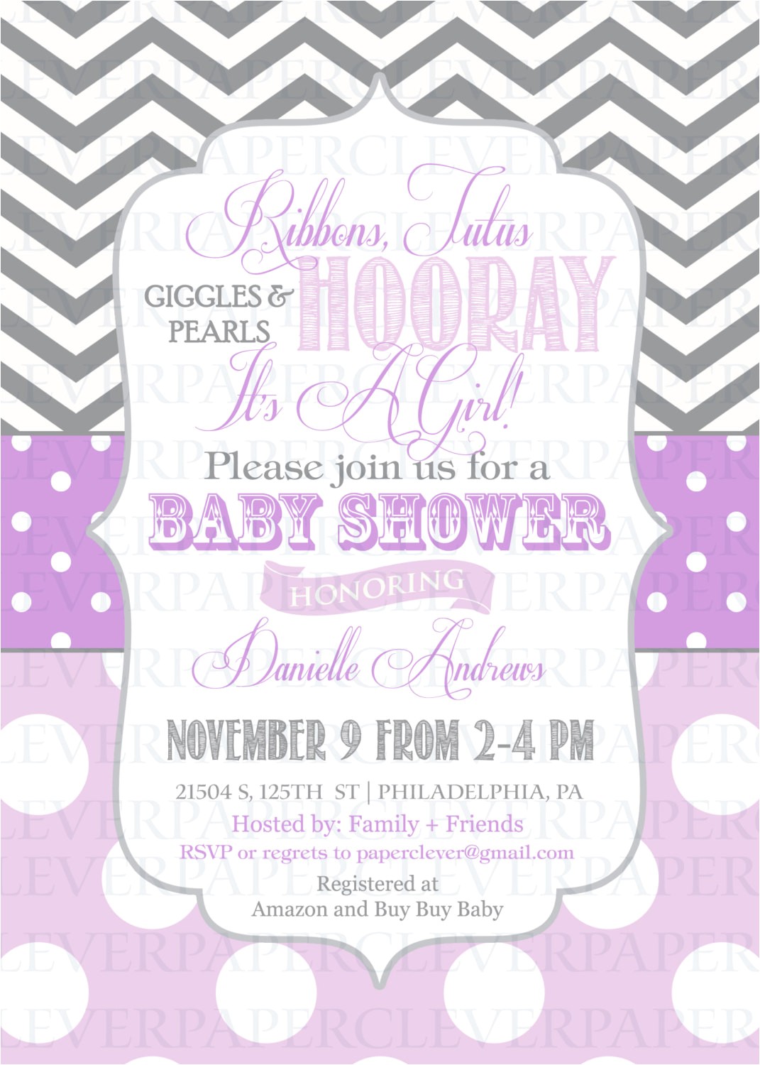 purple and grey baby shower invitation