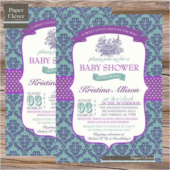 purple and teal baby shower invitations
