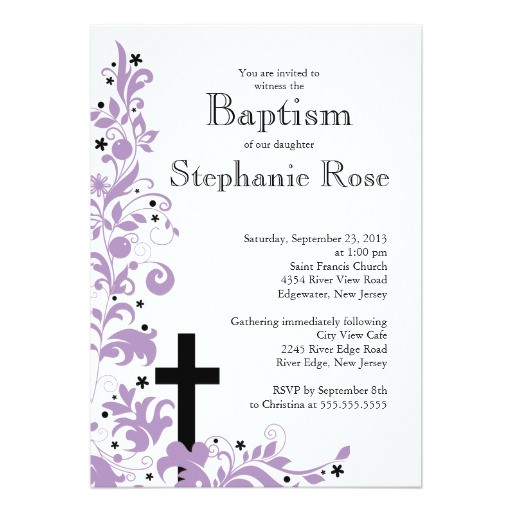 modern cross purple flower baptism invitation