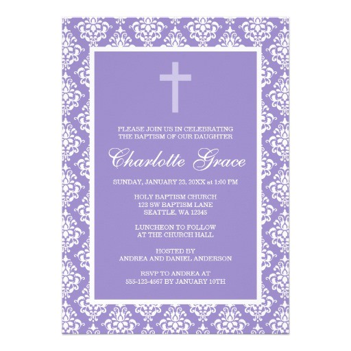 purple damask cross girl baptism christening invitation