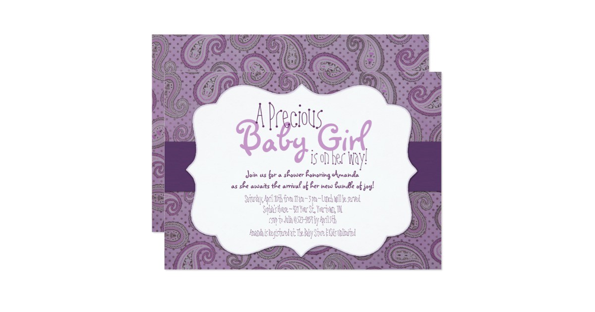 purple paisley baby girl shower invitation