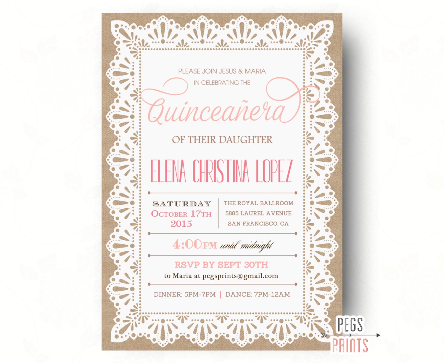 burlap and lace quinceanera invitation