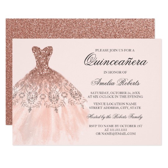 rose gold sparkle dress quinceanera invitation 256946566723447393