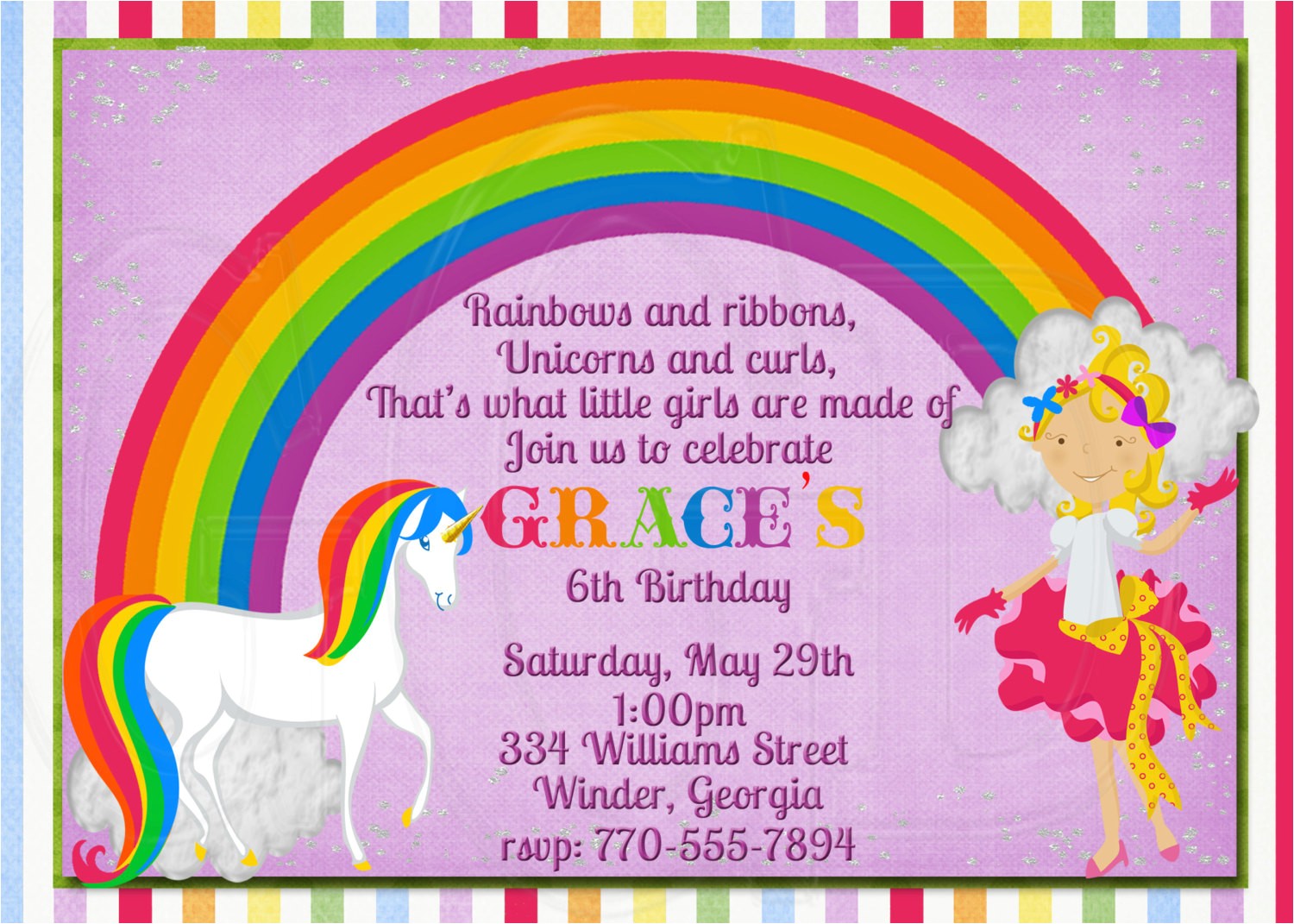 unicorn rainbow birthday invitation