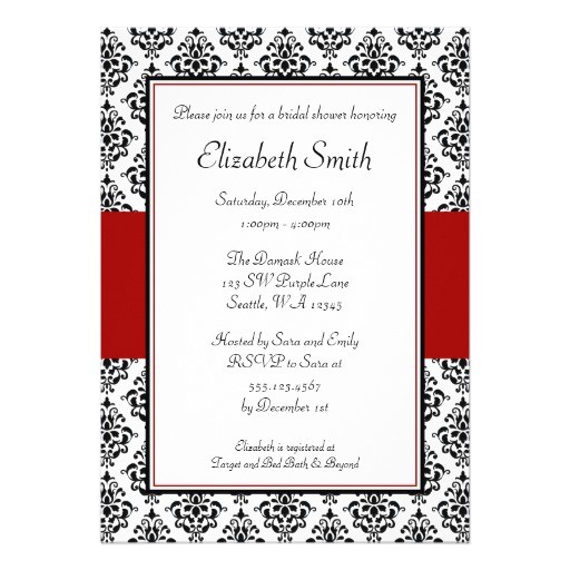 Red and Black Bridal Shower Invitations Black and Red Damask Bridal Shower Invitations 5" X 7