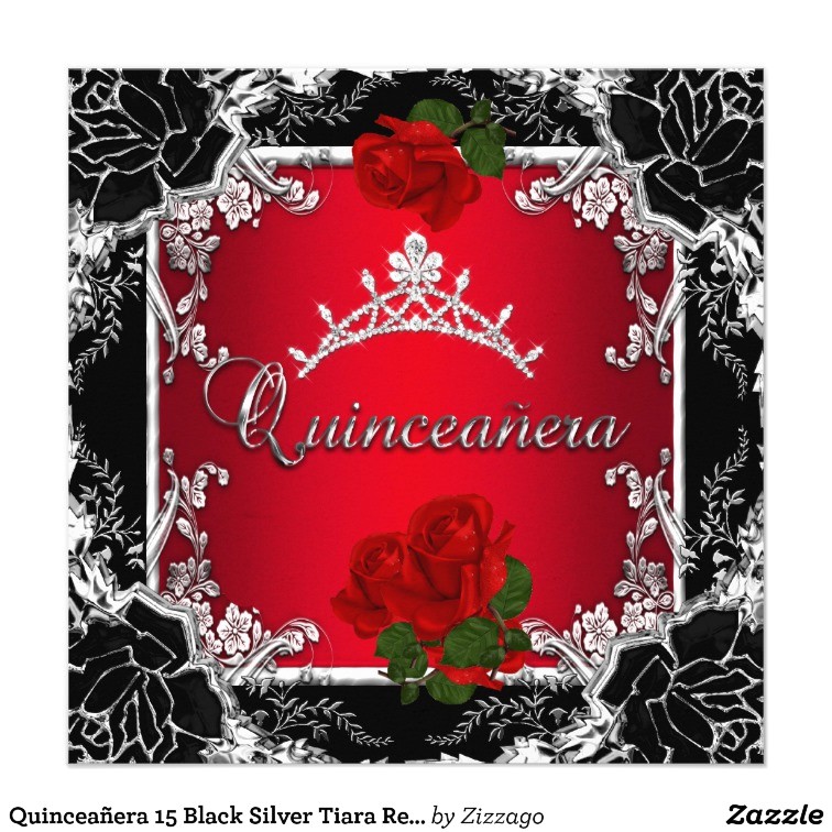 quinceanera 15th red black gold diamond tiara custom invitations